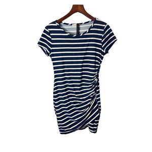 Moa Moa Womens Navy Blue White Striped Ruched Side Tulip Hem Bodycon Dress  L